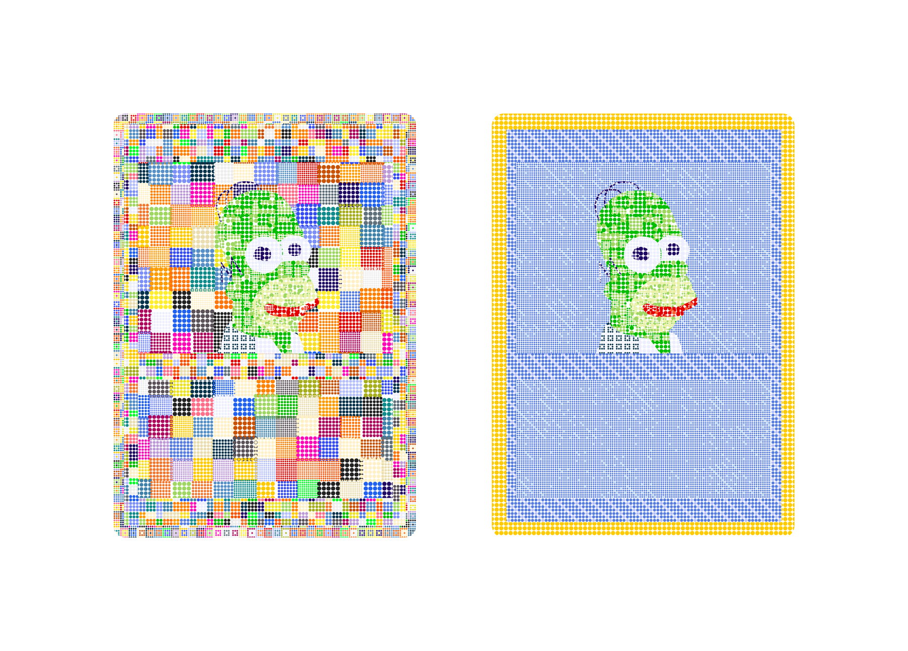 Diptych of stippled pepe cards.